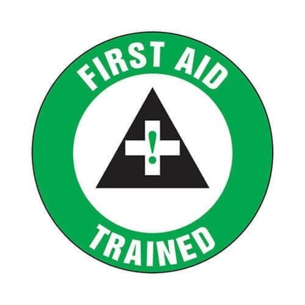 Accuform Hard Hat Sticker, 214 in Length, 214 in Width, FIRST AID TRAINED Legend, Adhesive Vinyl LHTL312